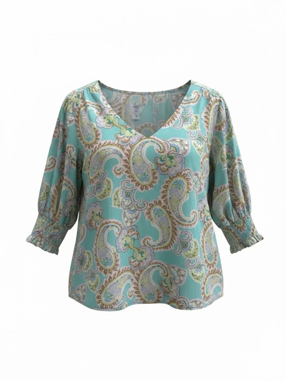 Sigrid Olsen Teal Paisley V-Neck Blouse size M